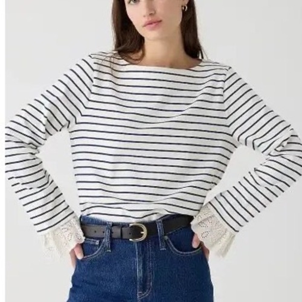 J.Crew Mariner Jersey T-Shirt Women 3X White Navy Striped Eyelet Slv Nautical